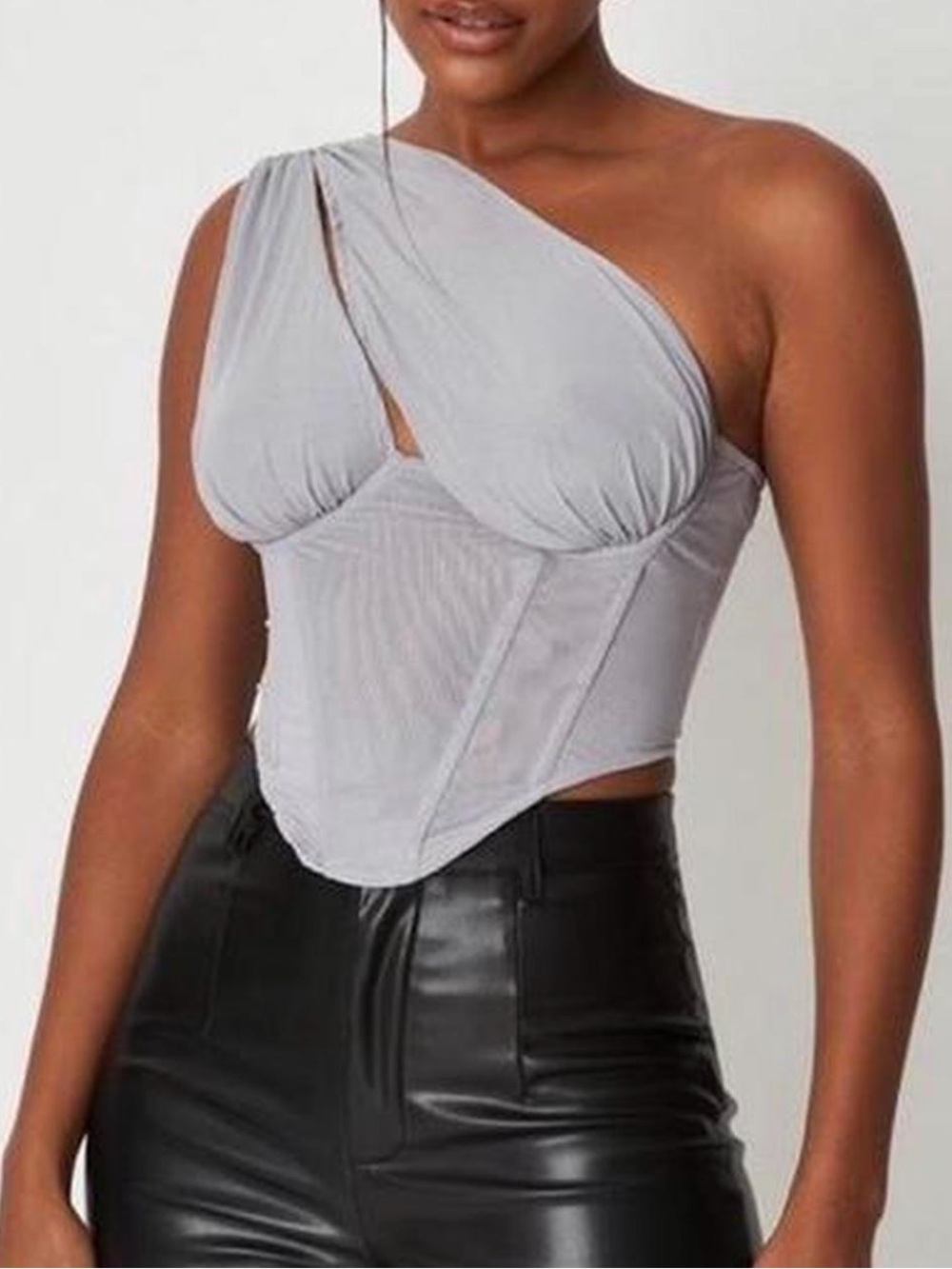 Misguided One-Shoulder Light Gray mesh Corset zip up Top size 6